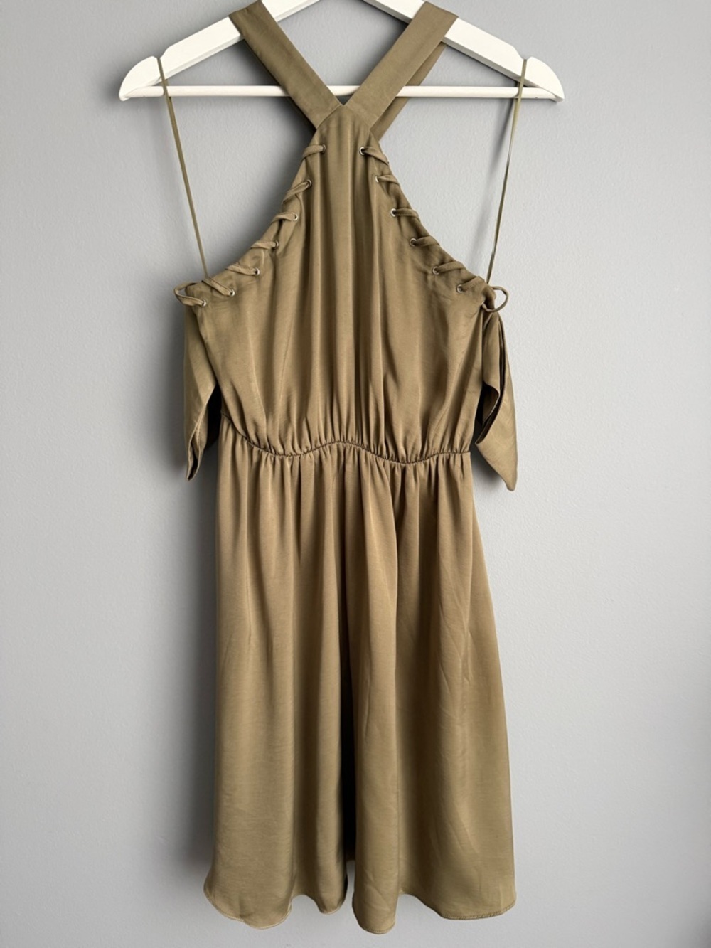 Guess Dress XS Olive Green Halter Cold Shoulder Lace Up Mini Dress Women